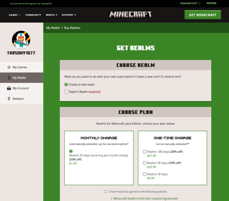 Screenshot of realm purchase page